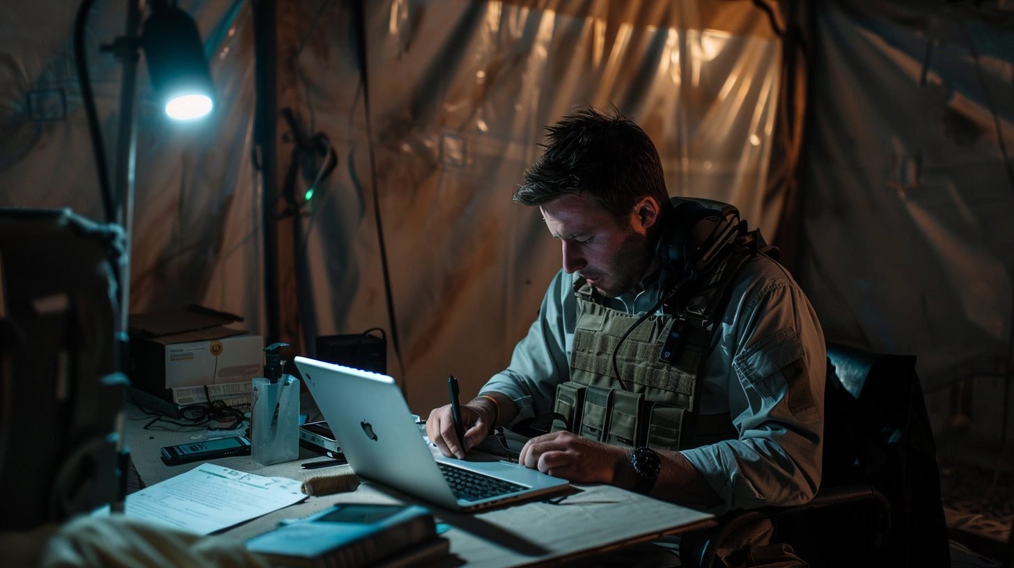 Reporter de guerre travaillant sur un ordinateur portable sur le terrain.