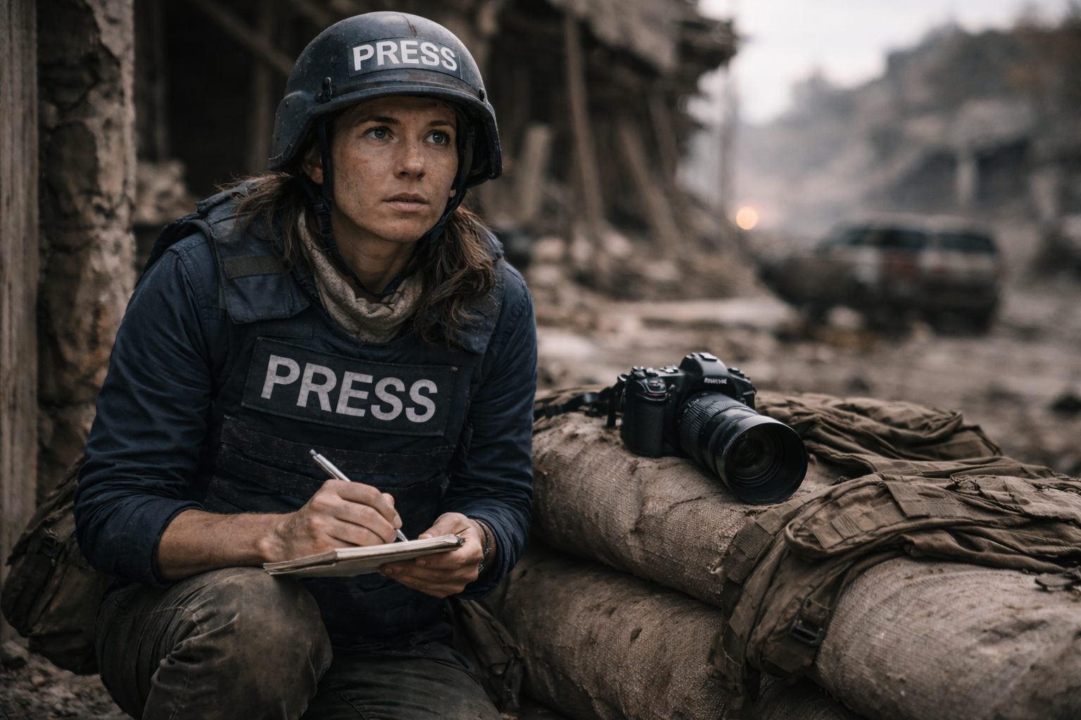 Reporter de guerre prenant des notes sur le terrain (illustration).