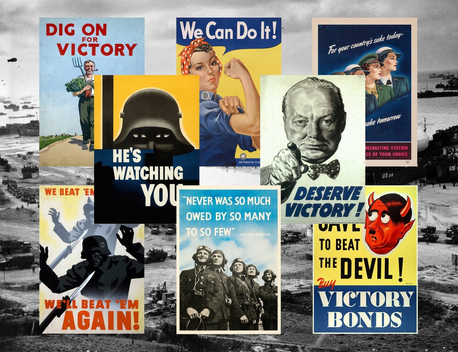 Montage d'affiches de propagande de la Seconde Guerre mondiale.